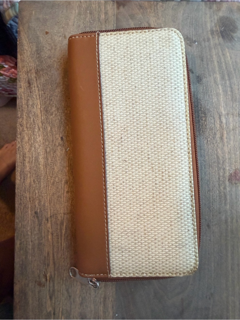 Woven Cream and Tan Zip-Around Wallet